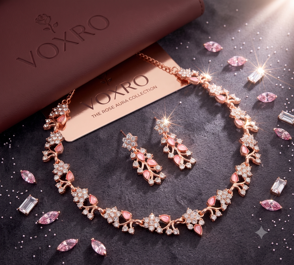 VOXRO Pink Cascade Floral Necklace & Earring Set