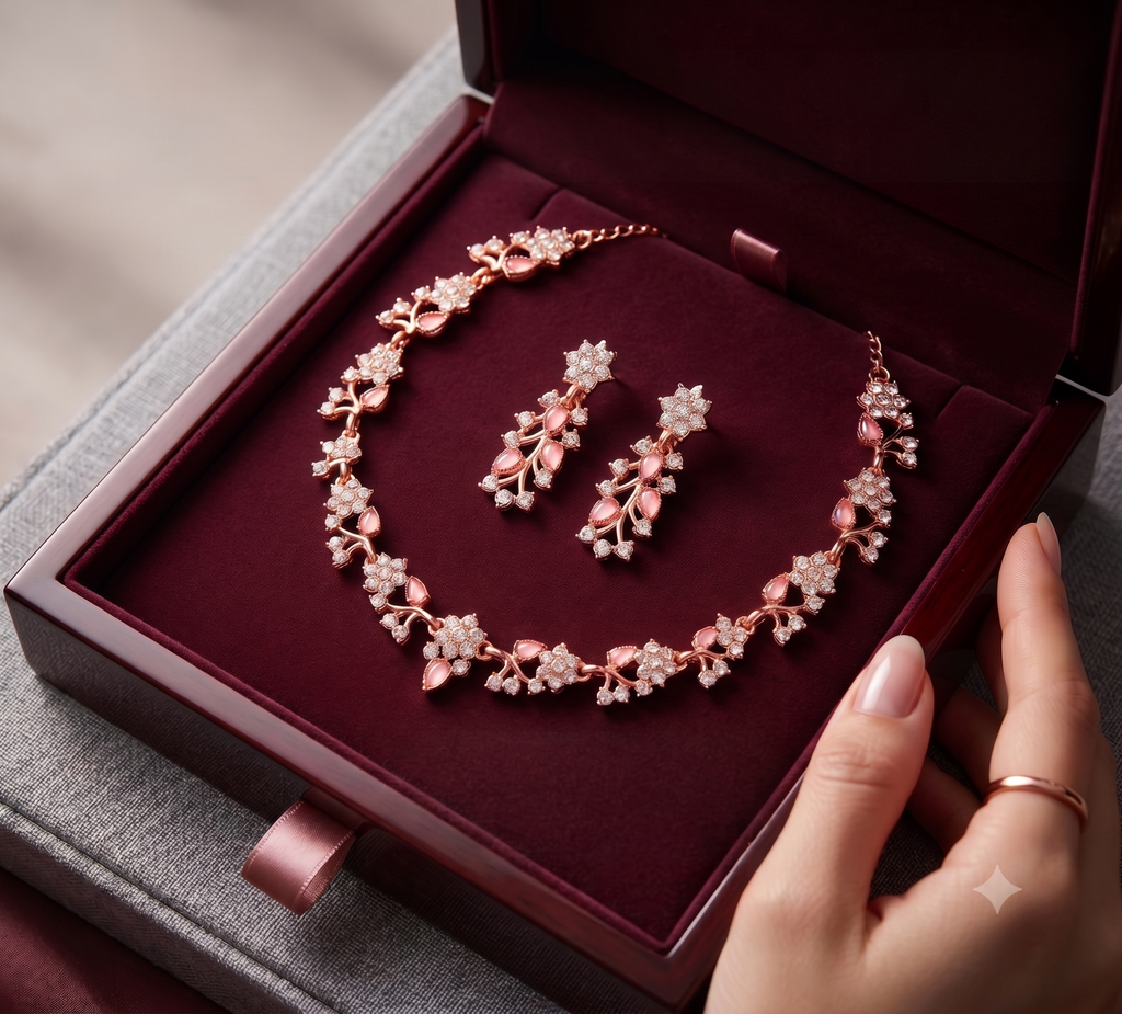 VOXRO Pink Cascade Floral Necklace & Earring Set