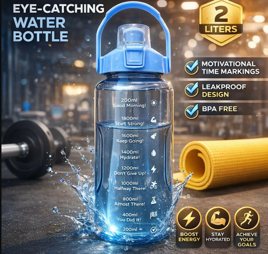 Water Bottle – Large 2000ml Capacity with Time Markers for Hydration