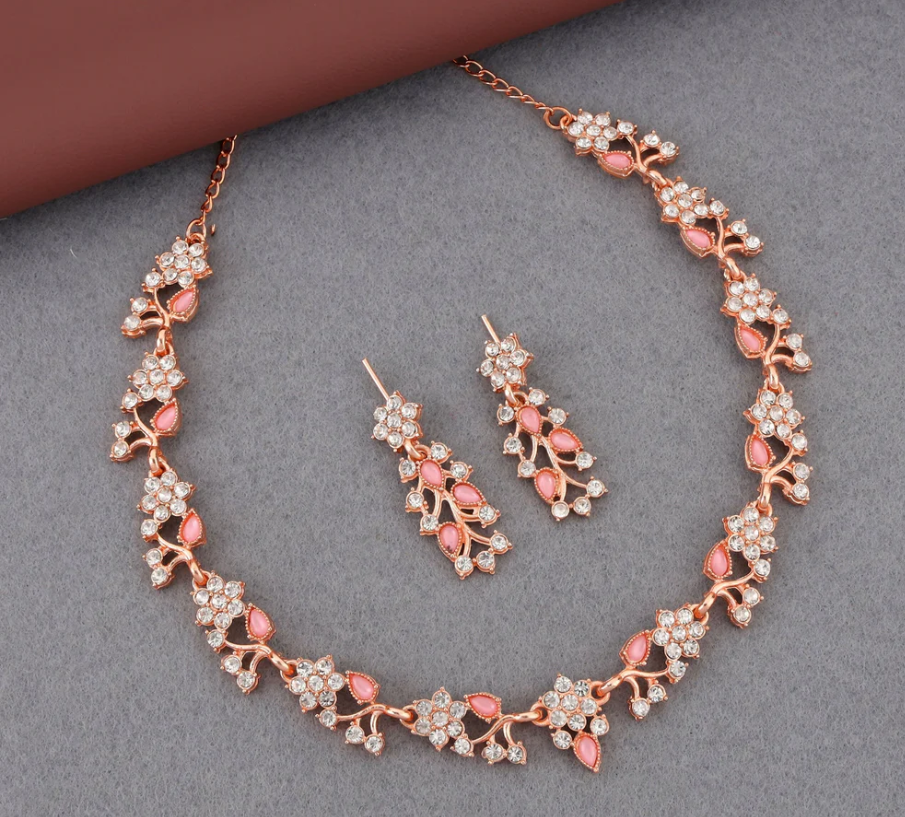 VOXRO Pink Cascade Floral Necklace & Earring Set
